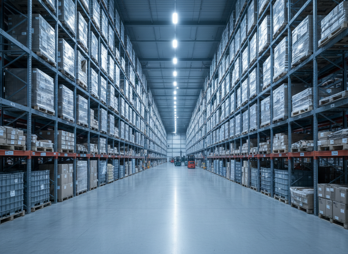 A large warehouse interior, tall industrial racking filled with stacked pallets and boxes, polished concrete floor, overhead industrial lighting receding into perspective.