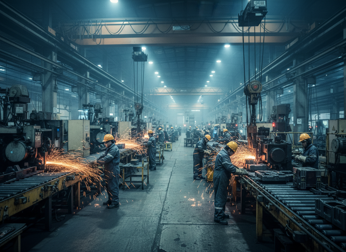 A factory manufacturing floor, workers in protective gear operating industrial machinery and assembly equipment, sparks and metal components, industrial lighting.