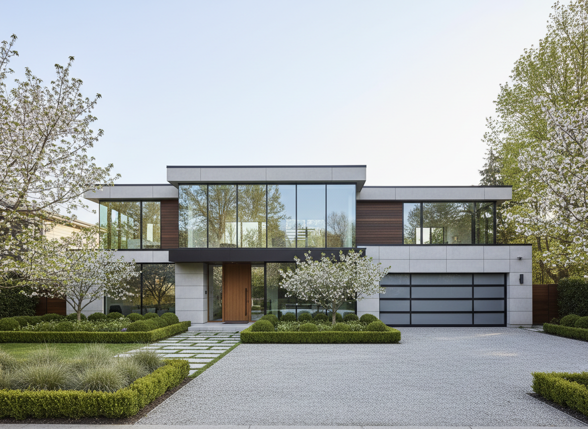 A modern property exterior, a sleek contemporary house with large glass windows, clean architectural lines, well-kept front garden and driveway.
