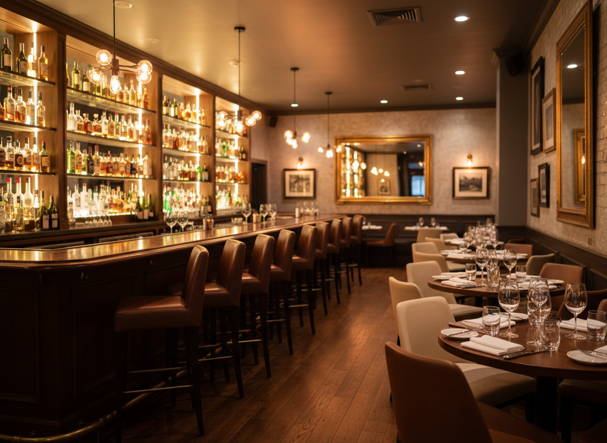 A stylish restaurant and bar interior, warm ambient lighting, polished wooden bar with stools, shelves of bottles softly blurred, set tables with glassware.