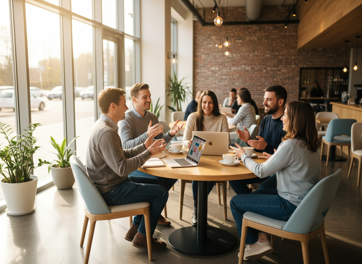 A group of people meeting in a bright modern cafe, seated around a table with coffee cups and a laptop, relaxed collaborative conversation.