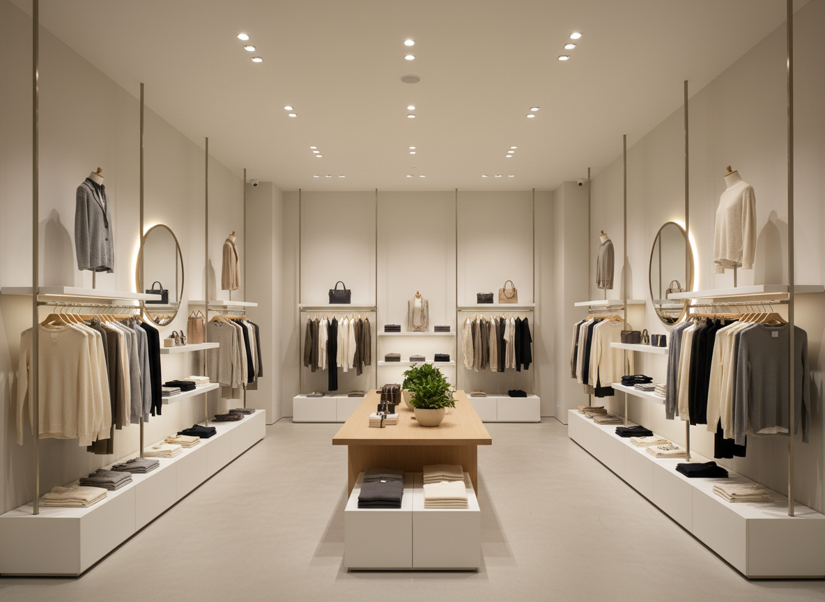 A modern retail store interior, neatly organised clothing racks and product shelves, clean bright display lighting, minimal contemporary shopfitting.
