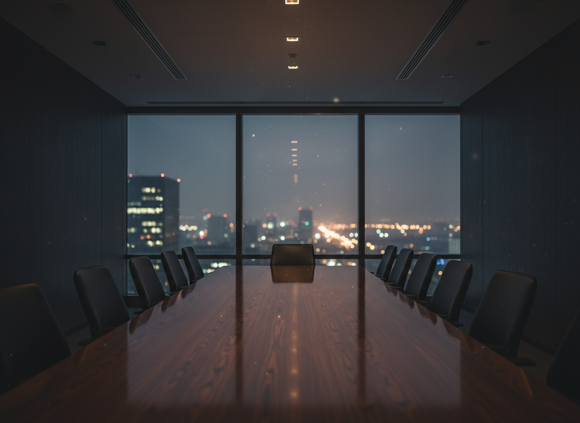 Dark moody professional boardroom interior at night with a long polished conference table and dim city light through the windows